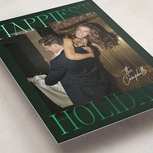 This is a evergreen foil pressed holiday cards with foil pressed by Ekko Studio called glam greeting printing on recycled smooth signature in standard