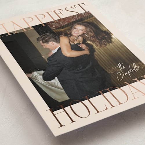 This is a eggnog foil pressed holiday cards with foil pressed by Ekko Studio called glam greeting printing on recycled smooth signature in standard