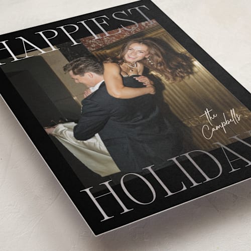 This is a midnight foil pressed holiday cards with foil pressed by Ekko Studio called glam greeting printing on recycled smooth signature in standard