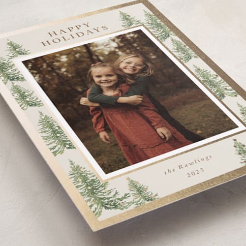 This is a toffee foil pressed holiday cards with foil pressed by Petra Kern called winter trees printing on recycled smooth signature in standard