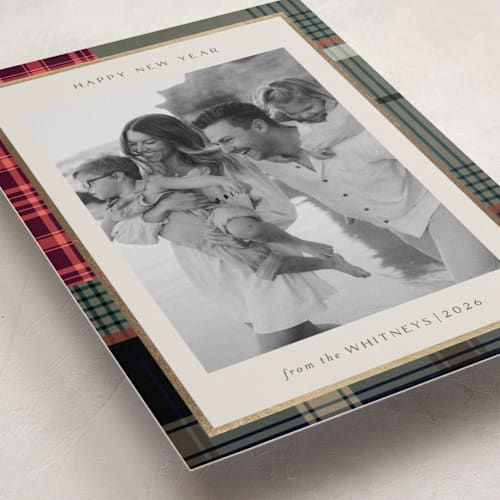 This is a rustic foil pressed holiday cards with foil pressed by Makewells called antiqued plaid printing on recycled smooth signature in standard