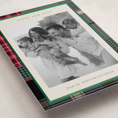 This is a rustic foil pressed holiday cards with foil pressed by Makewells called antiqued plaid printing on recycled smooth signature in standard