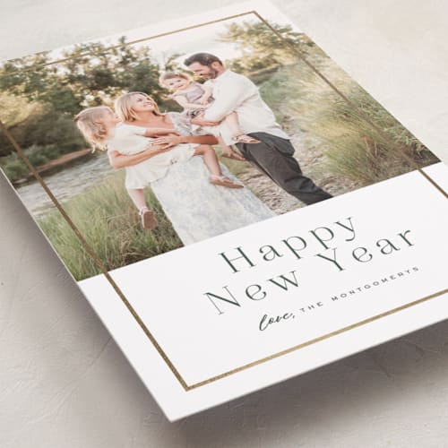 This is a pine foil pressed holiday cards with foil pressed by Wildfield Paper Co called driftwood printing on recycled smooth signature in standard