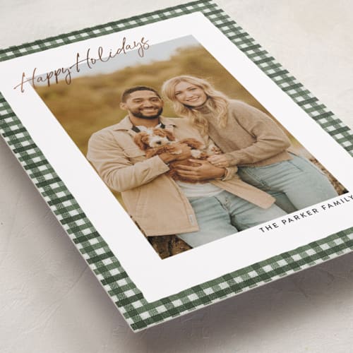 This is a evergreen foil pressed holiday cards with foil pressed by Ekko Studio called tattersall printing on recycled smooth signature in standard