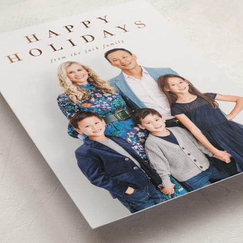 This is a golden foil pressed holiday cards with foil pressed by Amy Kross called banner printing on recycled smooth signature in standard