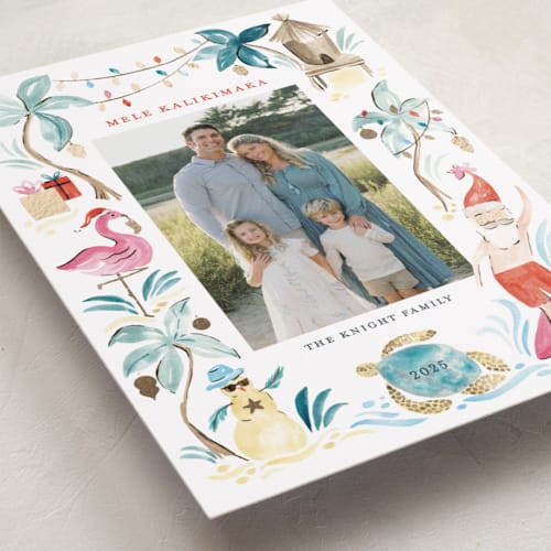 This is a sea turtle foil pressed holiday cards with foil pressed by Sarah Knight called merry luau printing on recycled smooth signature in standard