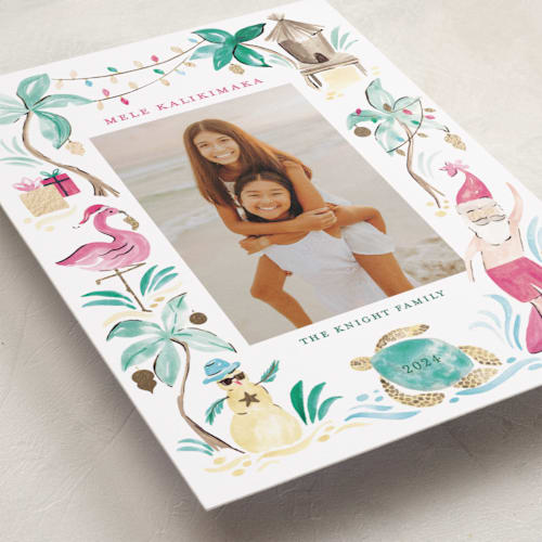 This is a guava foil pressed holiday cards with foil pressed by Sarah Knight called merry luau printing on recycled smooth signature in standard