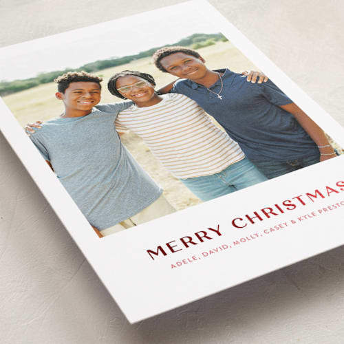 This is a stocking foil pressed holiday cards with foil pressed by Megan Davis called tailored printing on recycled smooth signature in standard