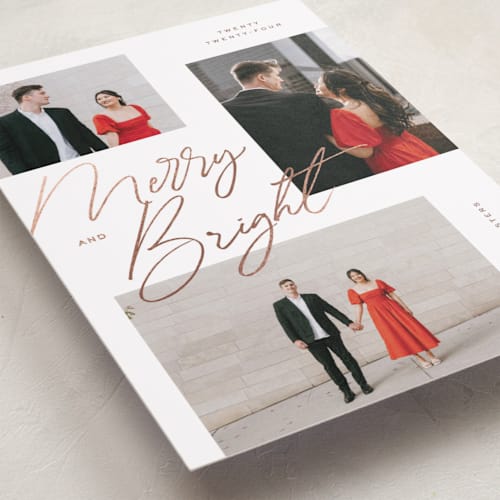 This is a burgundy foil pressed holiday cards with foil pressed by Michelle Taylor called scattered trio printing on recycled smooth signature in standard