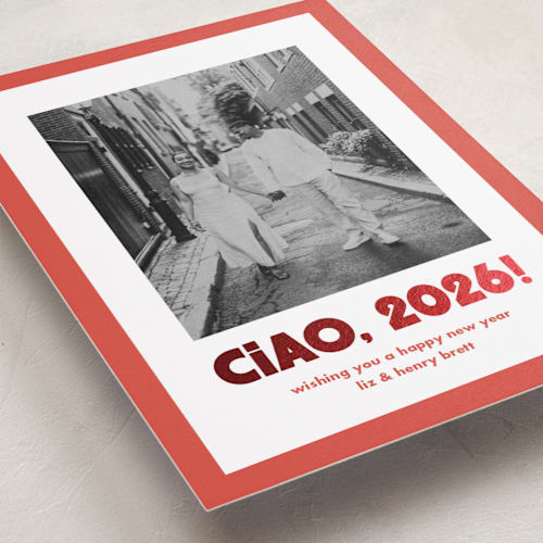 This is a tomato foil pressed holiday cards with foil pressed by Megan Davis called trattoria printing on recycled smooth signature in standard