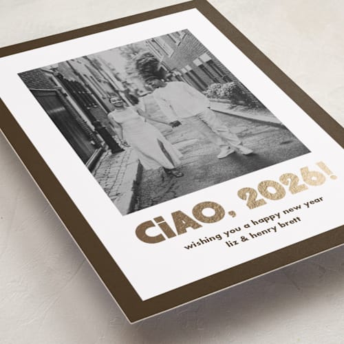 This is a espresso foil pressed holiday cards with foil pressed by Megan Davis called trattoria printing on recycled smooth signature in standard