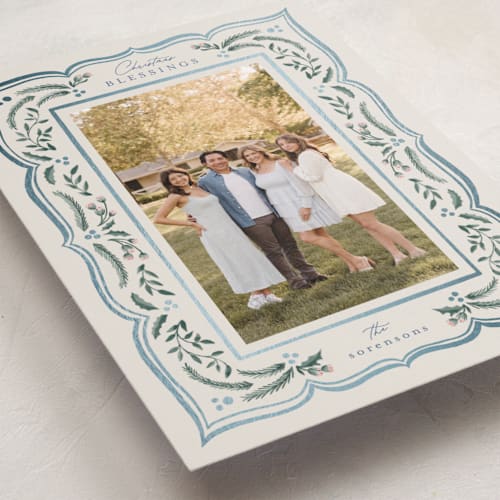 This is a sapphire foil pressed holiday cards with foil pressed by Chris Griffith called scalloped edge holiday printing on recycled smooth signature in standard