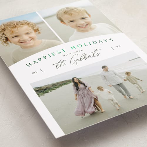 This is a pine foil pressed holiday cards with foil pressed by Michelle Taylor called modern trio printing on recycled smooth signature in standard