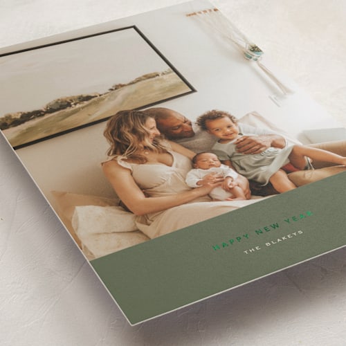 This is a olive foil pressed holiday cards with foil pressed by chocomocacino called konpeito printing on recycled smooth signature in standard