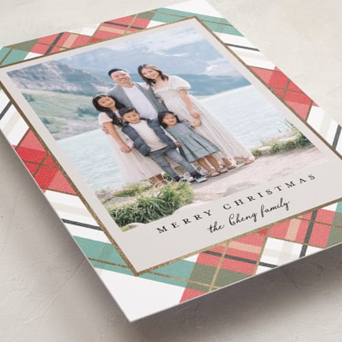 This is a snow foil pressed holiday cards with foil pressed by Petra Kern called fancy plaid printing on recycled smooth signature in standard