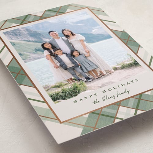 This is a vanilla foil pressed holiday cards with foil pressed by Petra Kern called fancy plaid printing on recycled smooth signature in standard