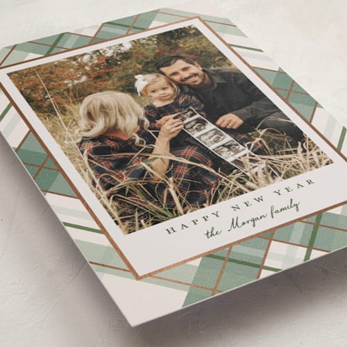 This is a vanilla foil pressed holiday cards with foil pressed by Petra Kern called fancy plaid printing on recycled smooth signature in standard