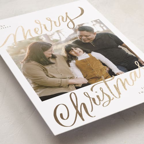 This is a golden foil pressed holiday cards with foil pressed by Elsa Duncan called merry christmas foil printing on recycled smooth signature in standard