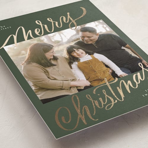 This is a spruce foil pressed holiday cards with foil pressed by Elsa Duncan called merry christmas foil printing on recycled smooth signature in standard