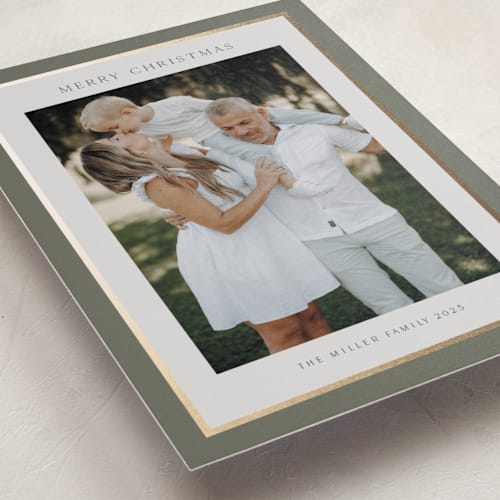 This is a sage foil pressed holiday cards with foil pressed by Nicole Walsh called foil frame printing on recycled smooth signature in standard