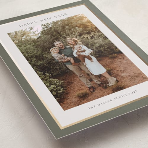 This is a sage foil pressed holiday cards with foil pressed by Nicole Walsh called foil frame printing on recycled smooth signature in standard
