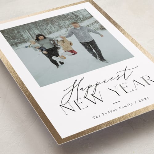 This is a snow foil pressed holiday cards with foil pressed by Carolyn Nicks called delicate frame printing on recycled smooth signature in standard