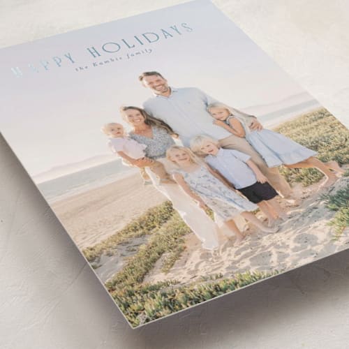 This is a powder blue foil pressed holiday cards with foil pressed by Erin L. Wilson called seabreeze printing on recycled smooth signature in standard