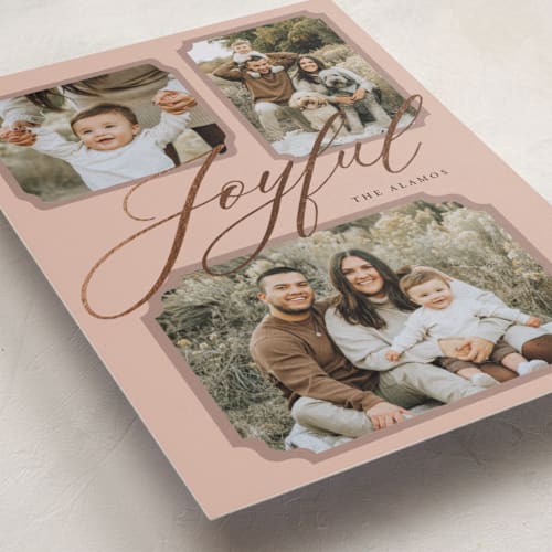 This is a winterberry foil pressed holiday cards with foil pressed by Lindsay Megahed called joyful trio printing on recycled smooth signature in standard