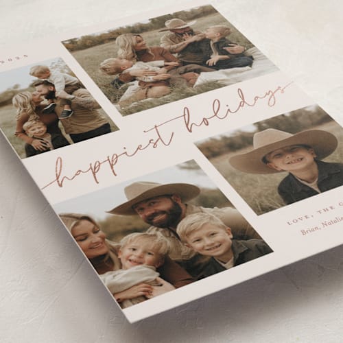 This is a taupe foil pressed holiday cards with foil pressed by Sarah Curry called minimal holiday gallery printing on recycled smooth signature in standard