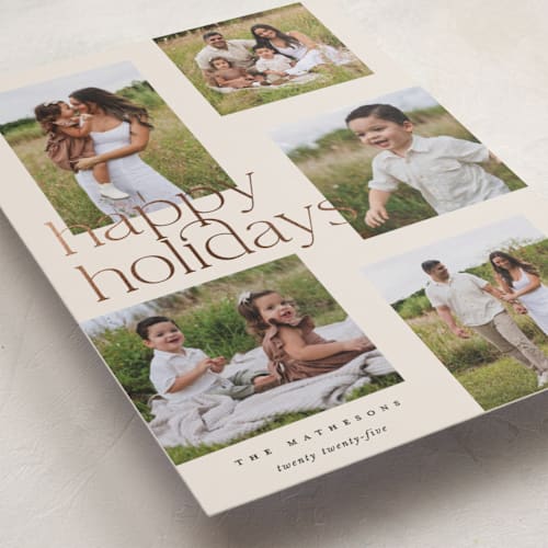 This is a linen foil pressed holiday cards with foil pressed by Kelly Schmidt called happy overlap printing on recycled smooth signature in standard