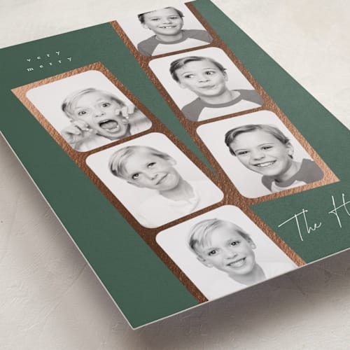 This is a forest foil pressed holiday cards with foil pressed by Leah Bisch called snapshots printing on recycled smooth signature in standard