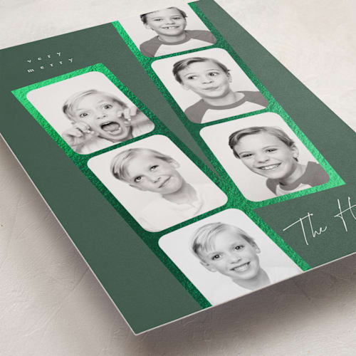 This is a forest foil pressed holiday cards with foil pressed by Leah Bisch called snapshots printing on recycled smooth signature in standard