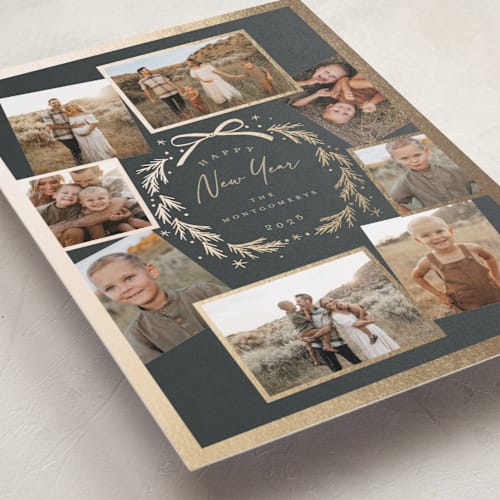 This is a chimney smoke foil pressed holiday cards with foil pressed by Petra Kern called family wreath printing on recycled smooth signature in standard