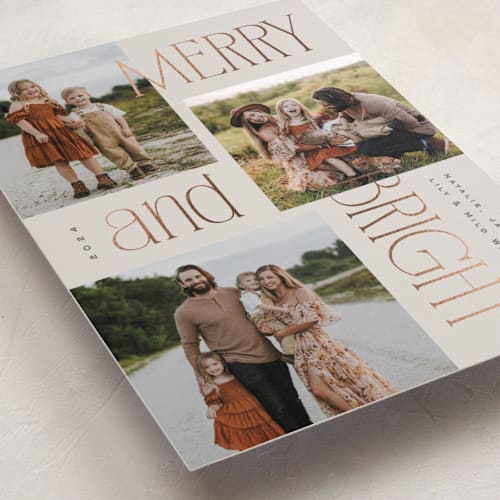 This is a chai foil pressed holiday cards with foil pressed by Owl and Toad called modern collage printing on recycled smooth signature in standard