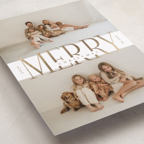 This is a snow foil pressed holiday cards with foil pressed by Brianne Larsen called big merry printing on recycled smooth signature in standard