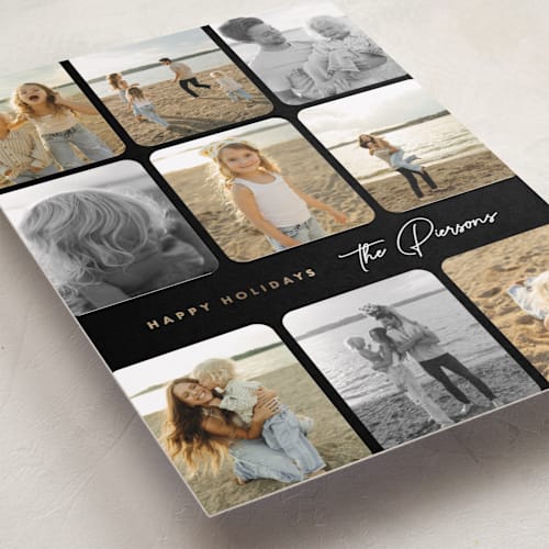 This is a licorice foil pressed holiday cards with foil pressed by Corinne Malesic called photo montage printing on recycled smooth signature in standard