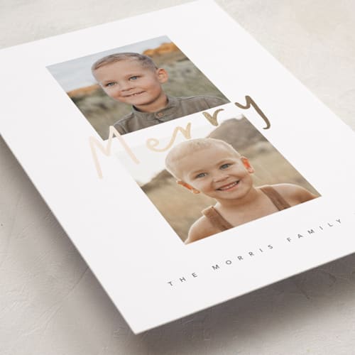 This is a snow foil pressed holiday cards with foil pressed by Chryssi Tsoupanarias called merry duo printing on recycled smooth signature in standard