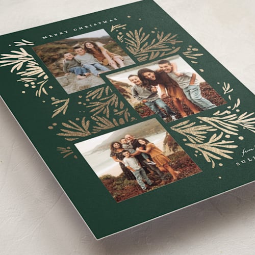 This is a evergreen foil pressed holiday cards with foil pressed by Julie Murray called foil branches printing on recycled smooth signature in standard