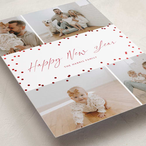 This is a poinsettia foil pressed holiday cards with foil pressed by Wendy Chung called festive dots printing on recycled smooth signature in standard