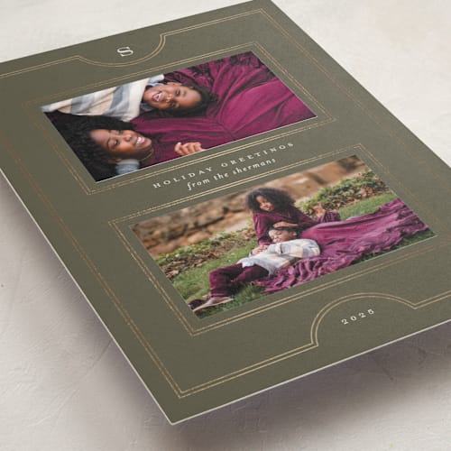 This is a olive foil pressed holiday cards with foil pressed by Heather Cairl called framed photos printing on recycled smooth signature in standard