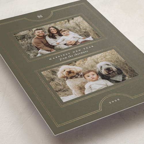 This is a olive foil pressed holiday cards with foil pressed by Heather Cairl called framed photos printing on recycled smooth signature in standard