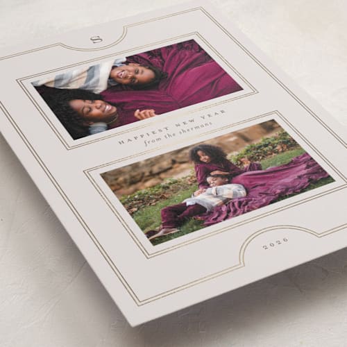 This is a ivory foil pressed holiday cards with foil pressed by Heather Cairl called framed photos printing on recycled smooth signature in standard