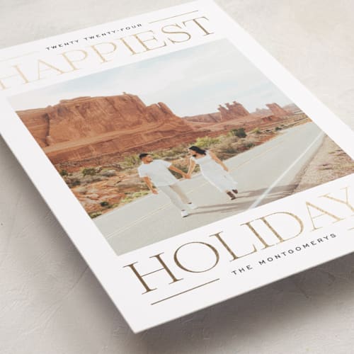 This is a licorice foil pressed holiday cards with foil pressed by Ekko Studio called modern editorial printing on recycled smooth signature in standard