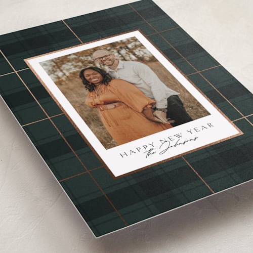 This is a blue spruce foil pressed holiday cards with foil pressed by Kate Ahn called chic plaid printing on recycled smooth signature in standard