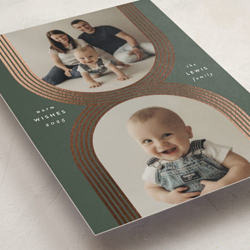 This is a juniper foil pressed holiday cards with foil pressed by Leah Bisch called criss cross printing on recycled smooth signature in standard