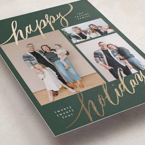 This is a spruce foil pressed holiday cards with foil pressed by Elsa Duncan called tri-photo happy holidays printing on recycled smooth signature in standard