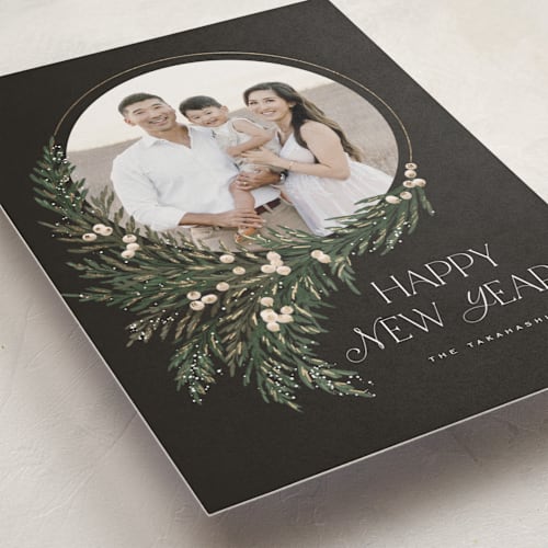 This is a charcoal foil pressed holiday cards with foil pressed by Leah Bisch called wreath frame printing on recycled smooth signature in standard