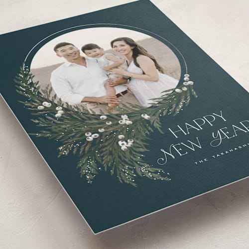 This is a blue jay foil pressed holiday cards with foil pressed by Leah Bisch called wreath frame printing on recycled smooth signature in standard