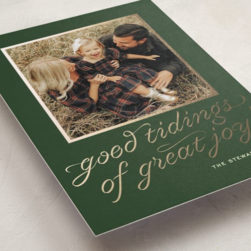 This is a evergreen foil pressed holiday cards with foil pressed by Megan Davis called cotillion printing on recycled smooth signature in standard