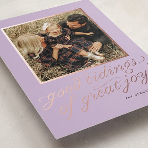 This is a plum foil pressed holiday cards with foil pressed by Megan Davis called cotillion printing on recycled smooth signature in standard
